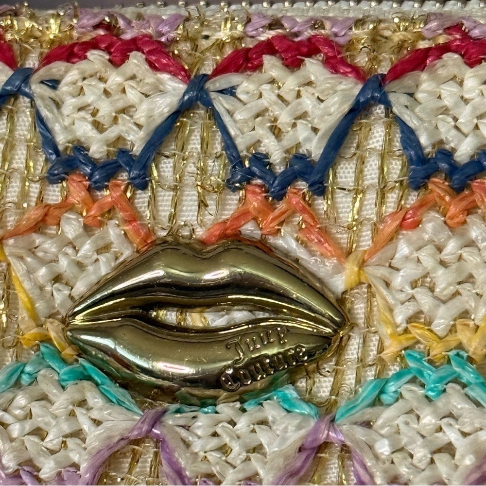 Juicy Couture Large Multi Color Tote Shoulder Bag Straw and Vegan Leather Y2K - Picture 10 of 12